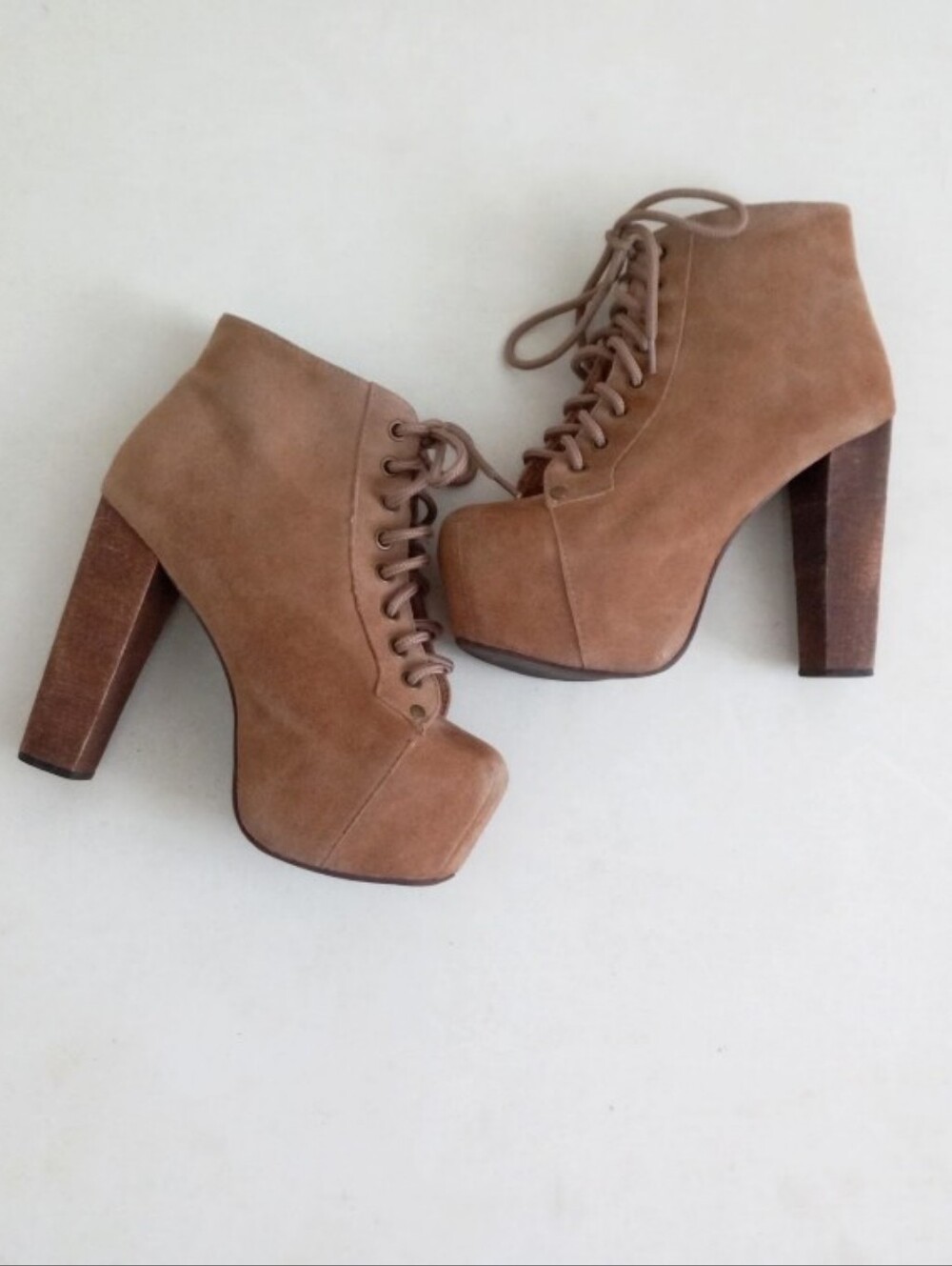 Jeffrey Campbell tan brown suede leather lace-up platform ankle booties